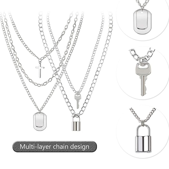 Chain Necklace Egirl Eboy Lock cross key 5 layers - Picture 6 of 13